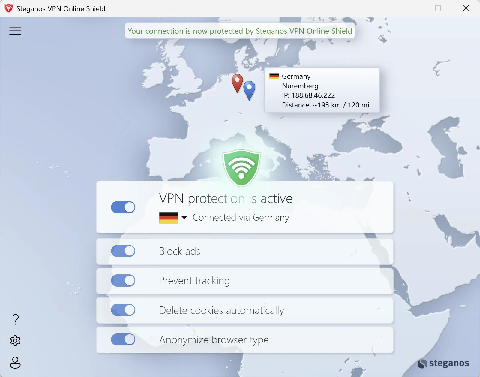 Steganos VPN Online Shield on Windows, connected