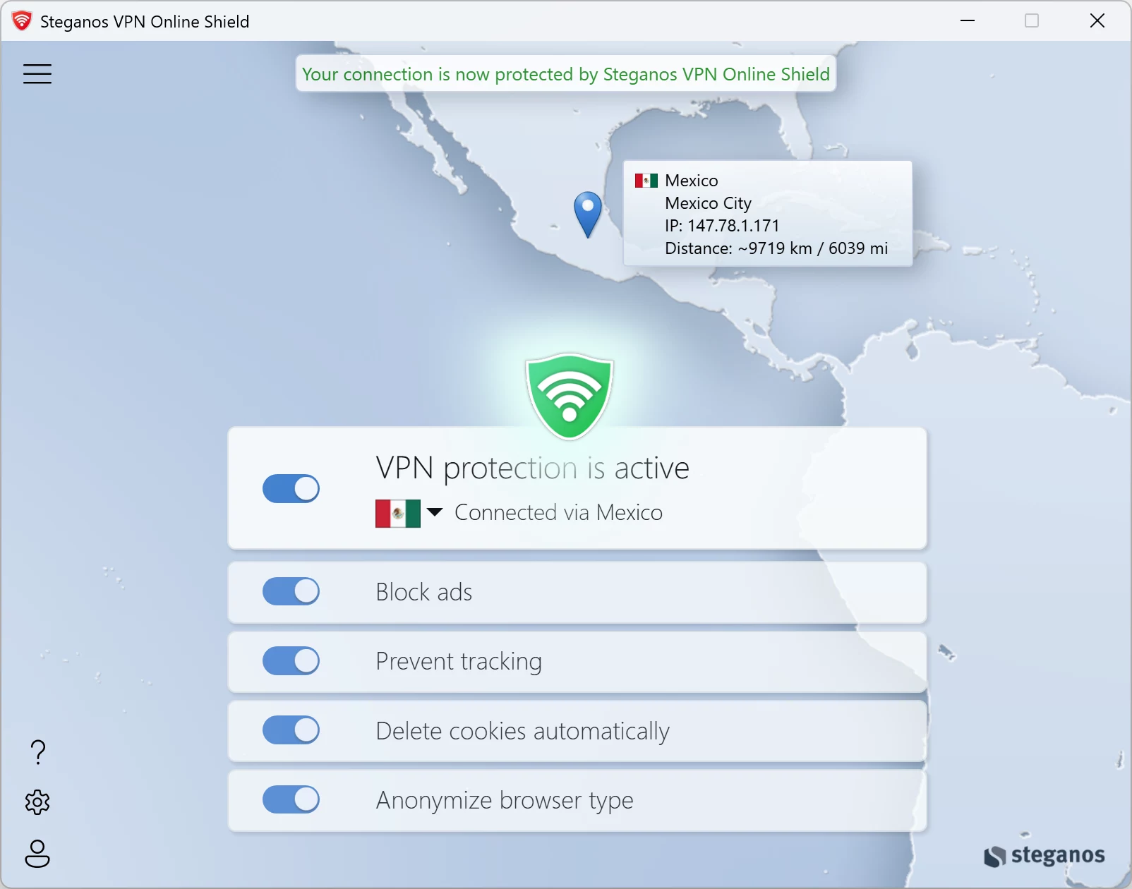 Steganos VPN Online Shield – the four protection switches in the Windows app